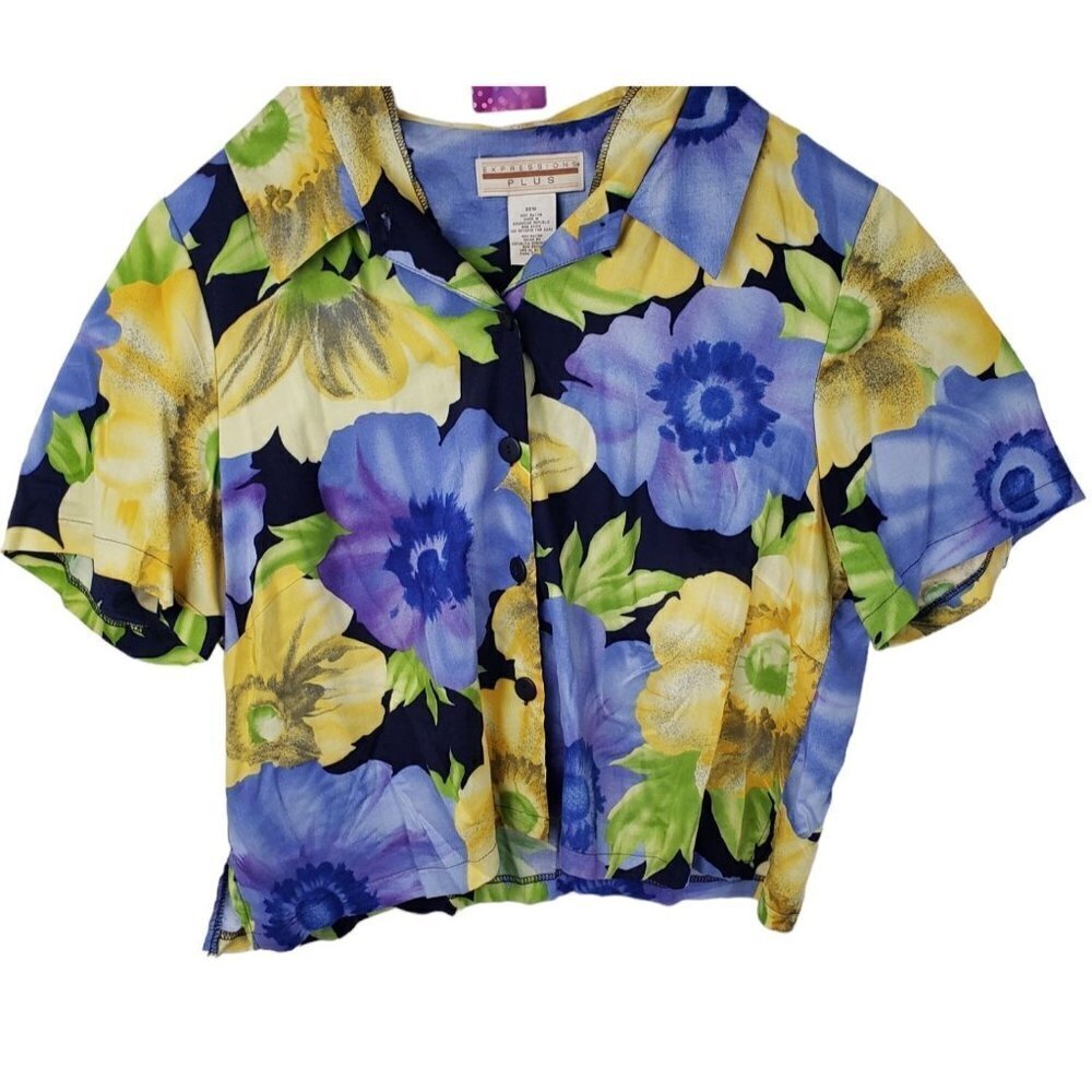 Expressions Plus Women 22W Floral Button Down Top Blue Yellow Rayon Short Sleeve
